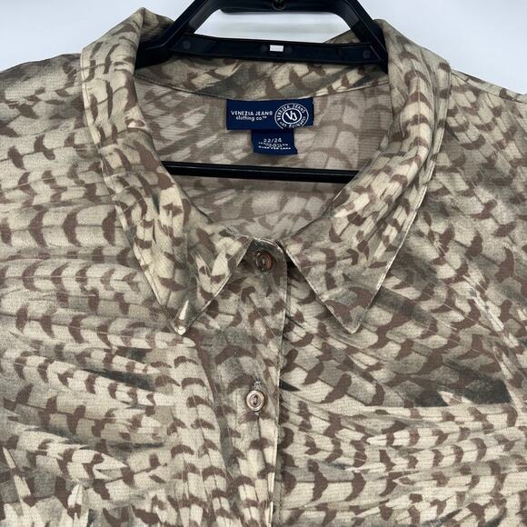 Vtg Y2K Venezia Jeans Button Up Womens Top Sz 22/24 Boho Earthy Neutral Feather - Picture 2 of 9